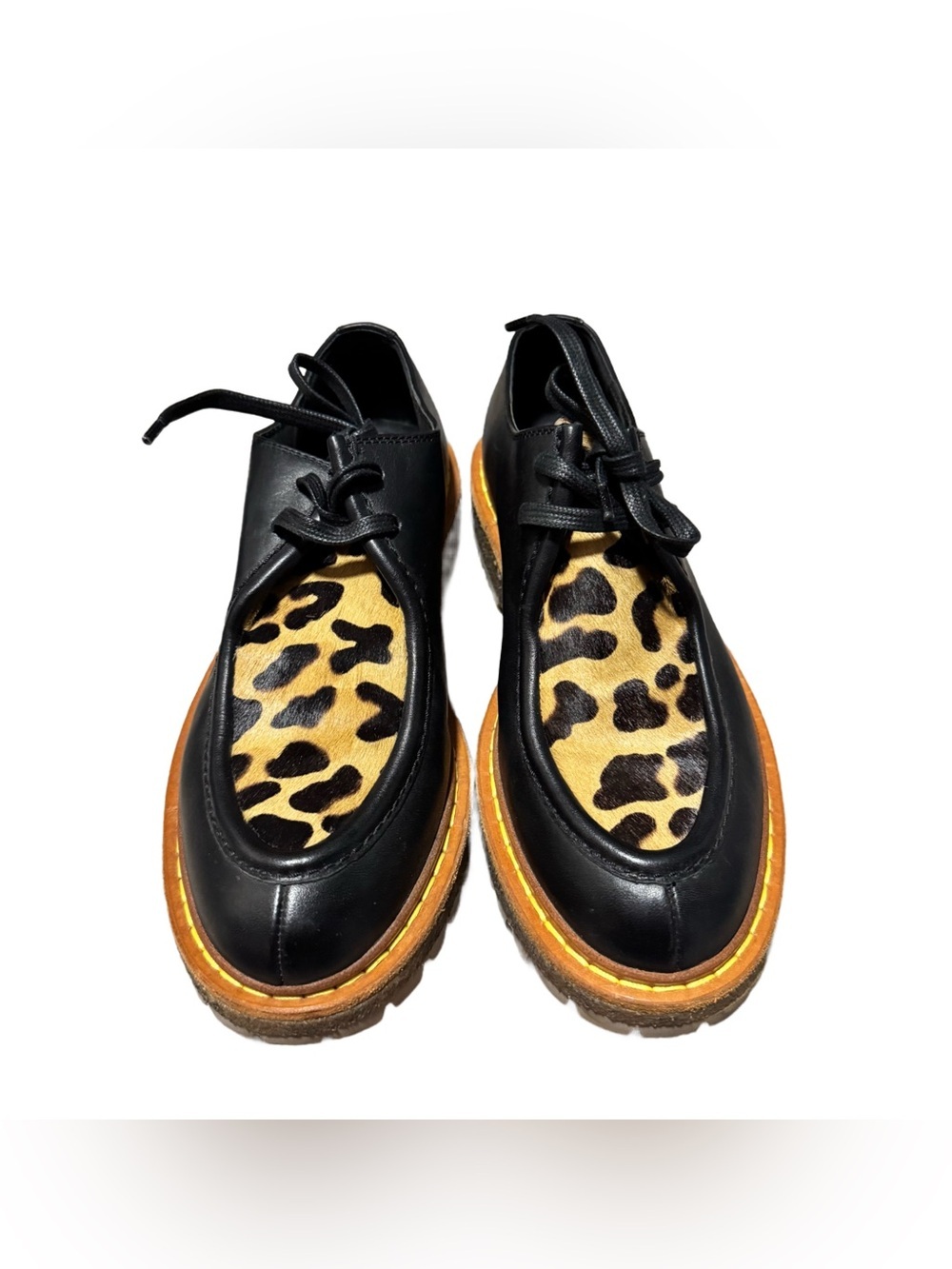 Car Shoe Prada Platform Derby Loafers Womens 37/ 6.5 Leopard Print Black Leather - Picture 3 of 7